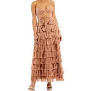 Gianni Bini Grace Metallic Plisse Sweetheart Neck Cut-Out Tiered Dress